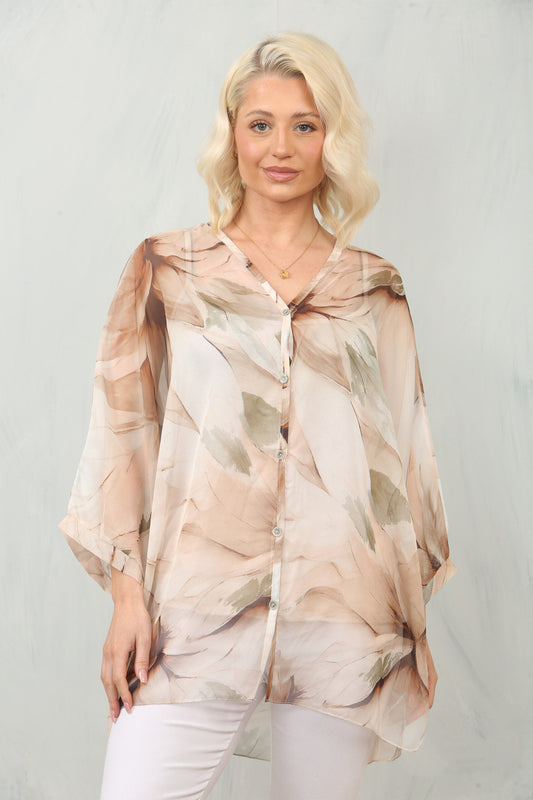 Abstract Leaf Print Floaty Chiffon Blouse in Beige