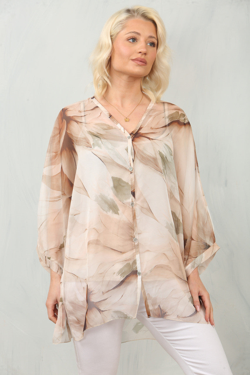 Abstract Leaf Print Floaty Chiffon Blouse in Beige