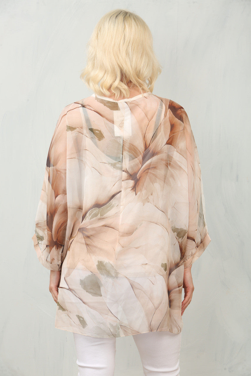 Abstract Leaf Print Floaty Chiffon Blouse in Beige