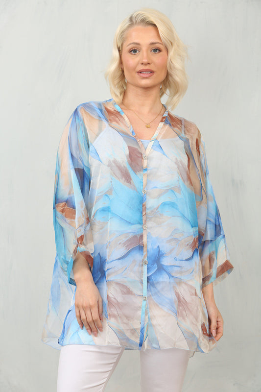 Abstract Leaf Print Floaty Chiffon Blouse in Blue