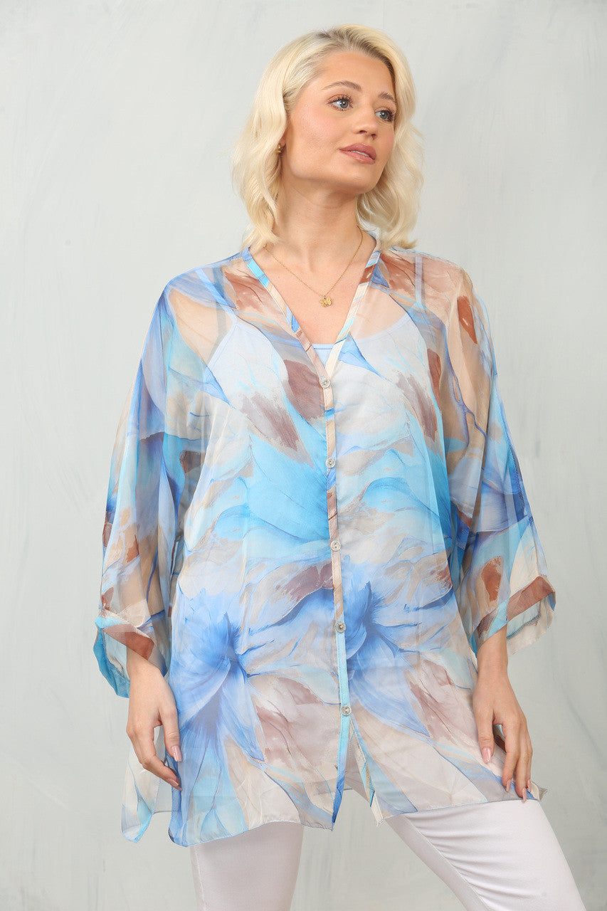 Abstract Leaf Print Floaty Chiffon Blouse in Blue