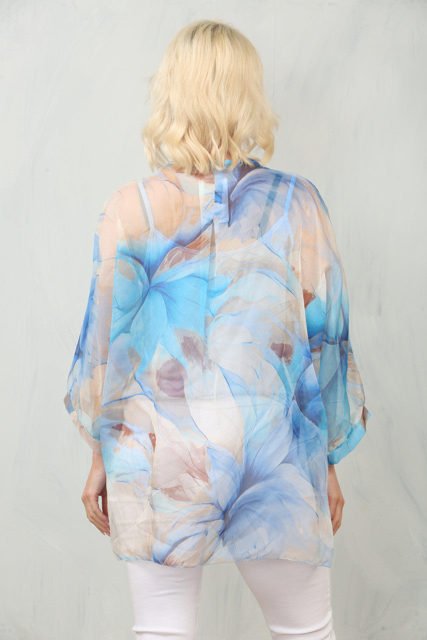 Abstract Leaf Print Floaty Chiffon Blouse in Blue