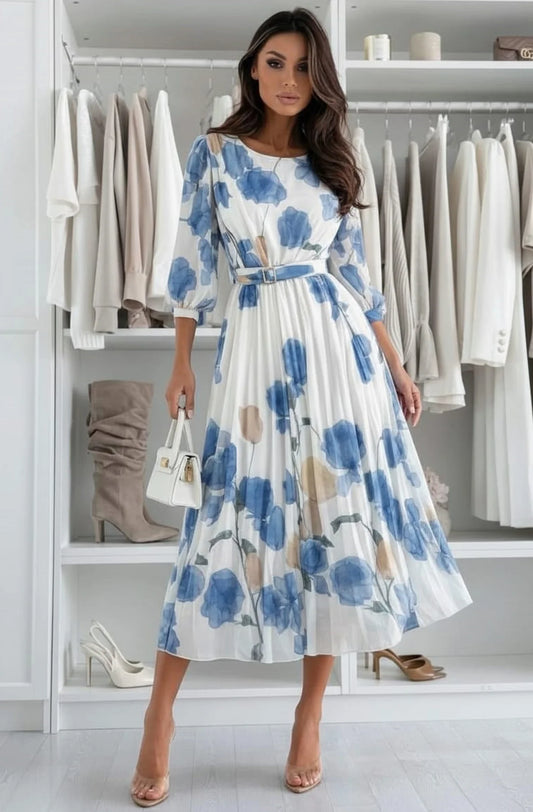 Floral Pleated Belted Dress in Blue