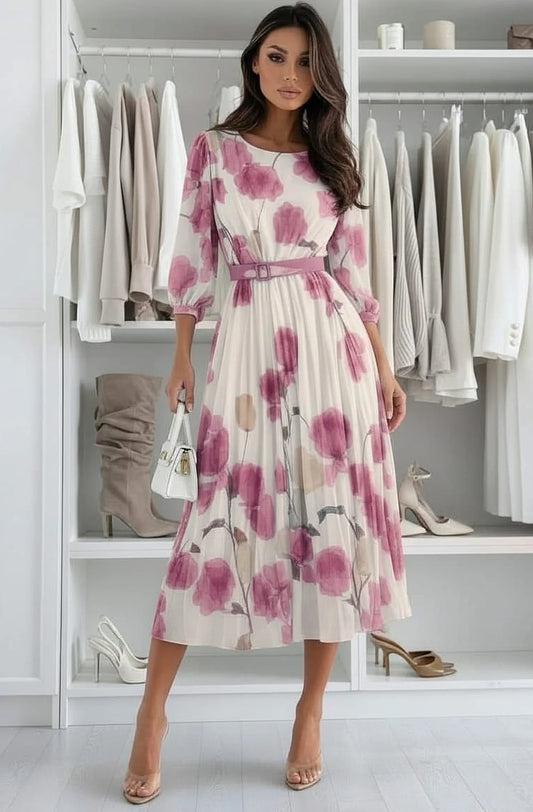 Floral Pleated Belted Dress in Pink