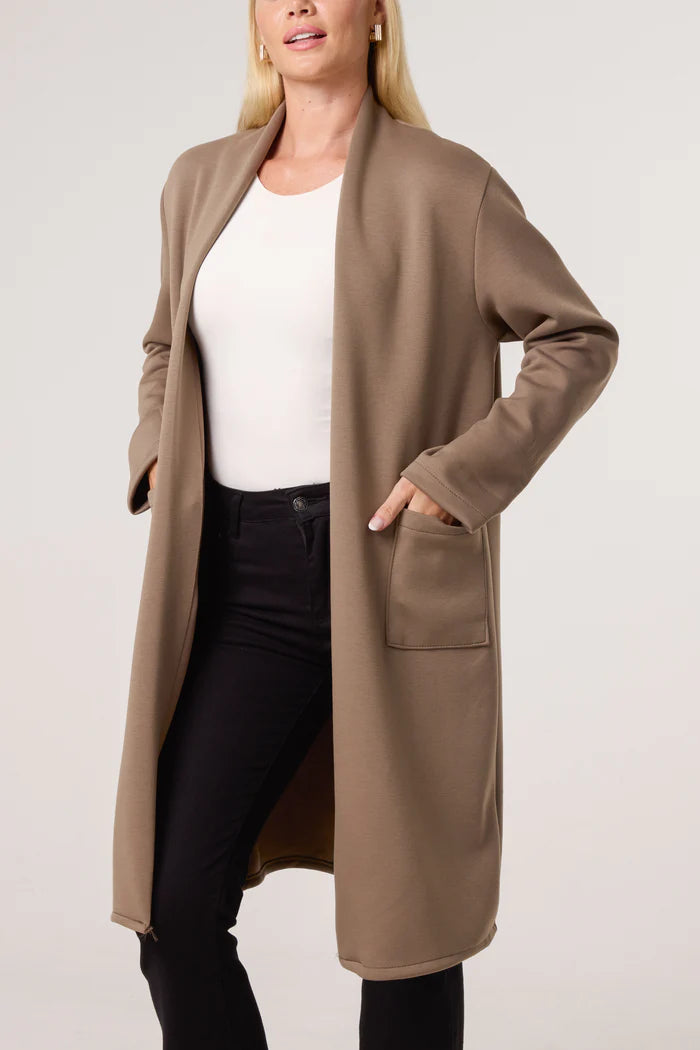 Soft Touch Longline Open Jacket with Pockets in Mocha