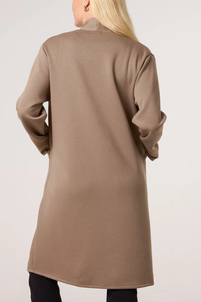 Soft Touch Longline Open Jacket with Pockets in Mocha