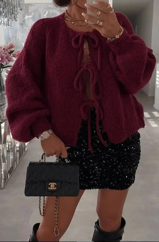 Tie Up Knitted Cardigan in Wine