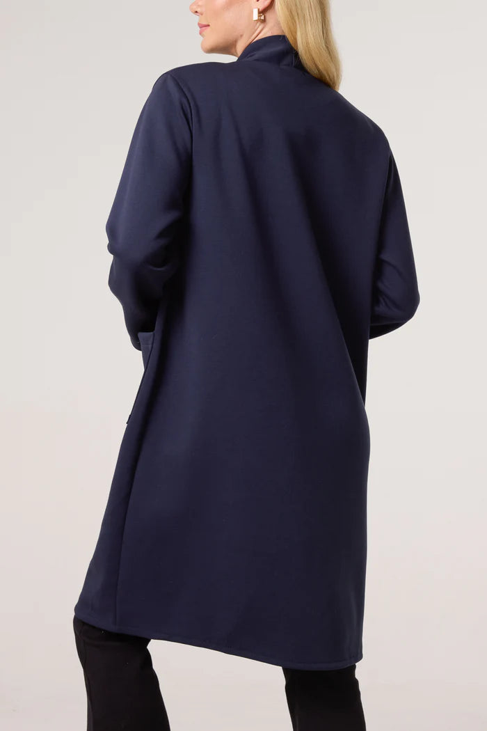 Soft Touch Longline Open Jacket with Pockets in Navy