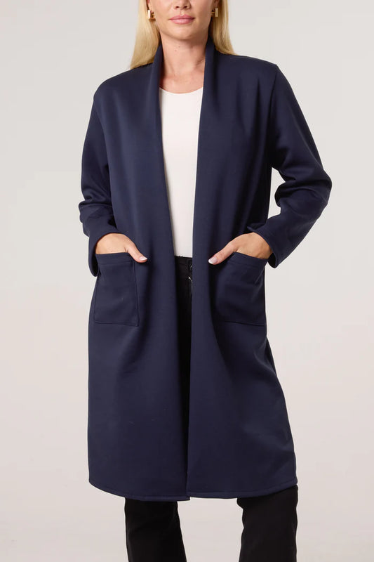 Soft Touch Longline Open Jacket with Pockets in Navy