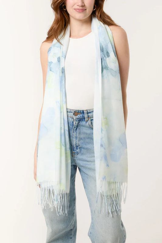Bright Floral Print and Tassel Scarf with Yellow