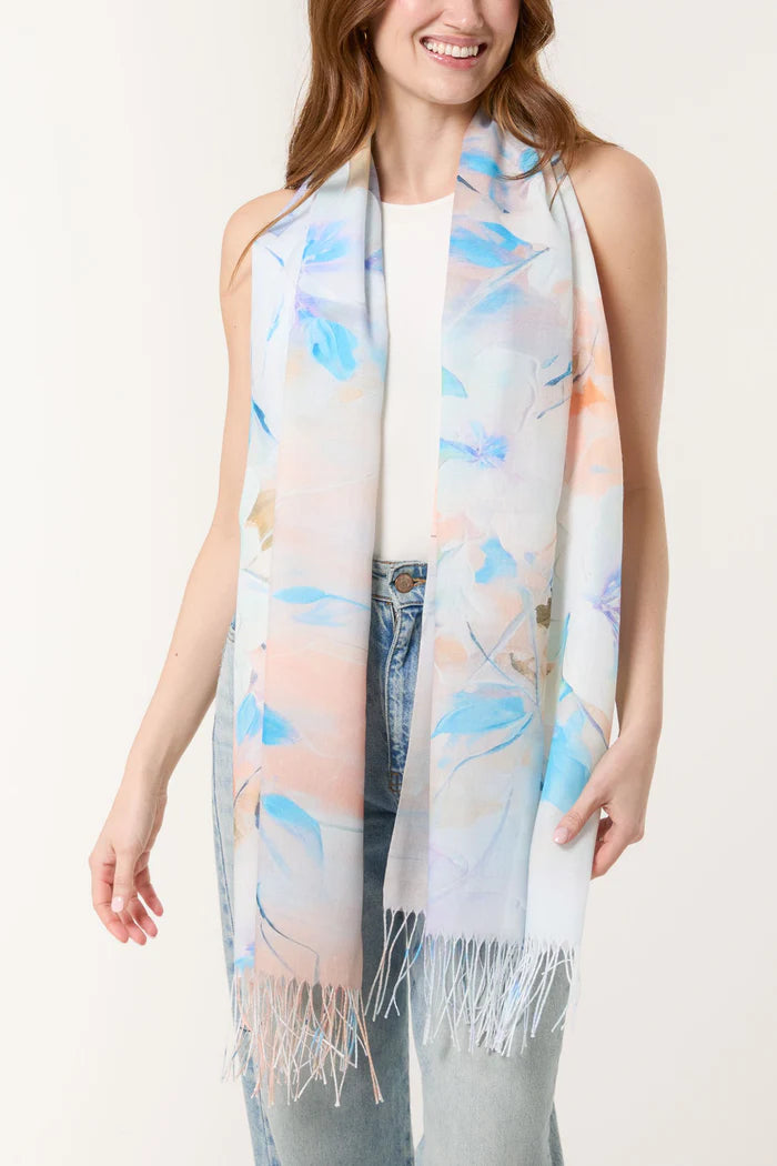 Bright Floral Print and Tassel Scarf with Orange