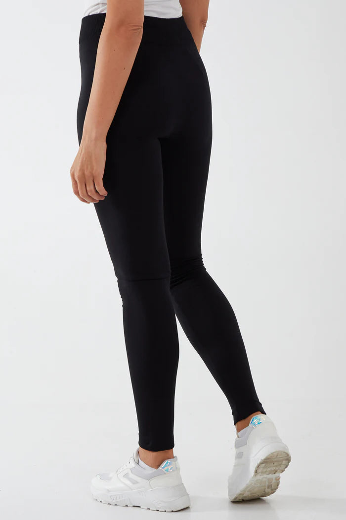 Black Ribbed Waistband Fleece Lined Leggings