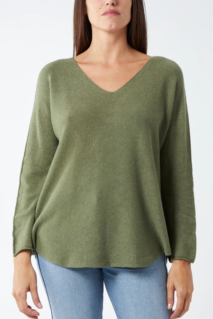 Soft Touch V Neck Jumper in Khaki