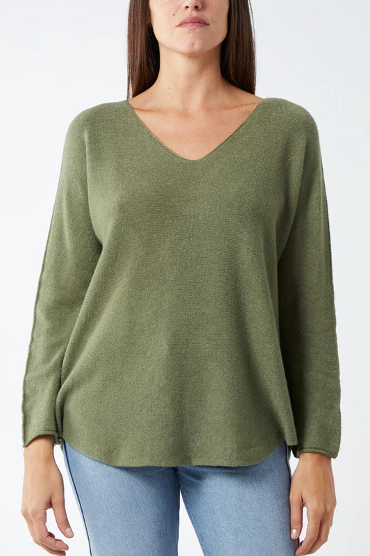 Soft Touch V Neck Jumper in Khaki
