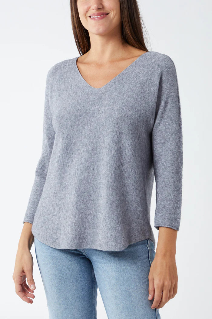 Soft Touch V Neck Jumper in Mid Grey