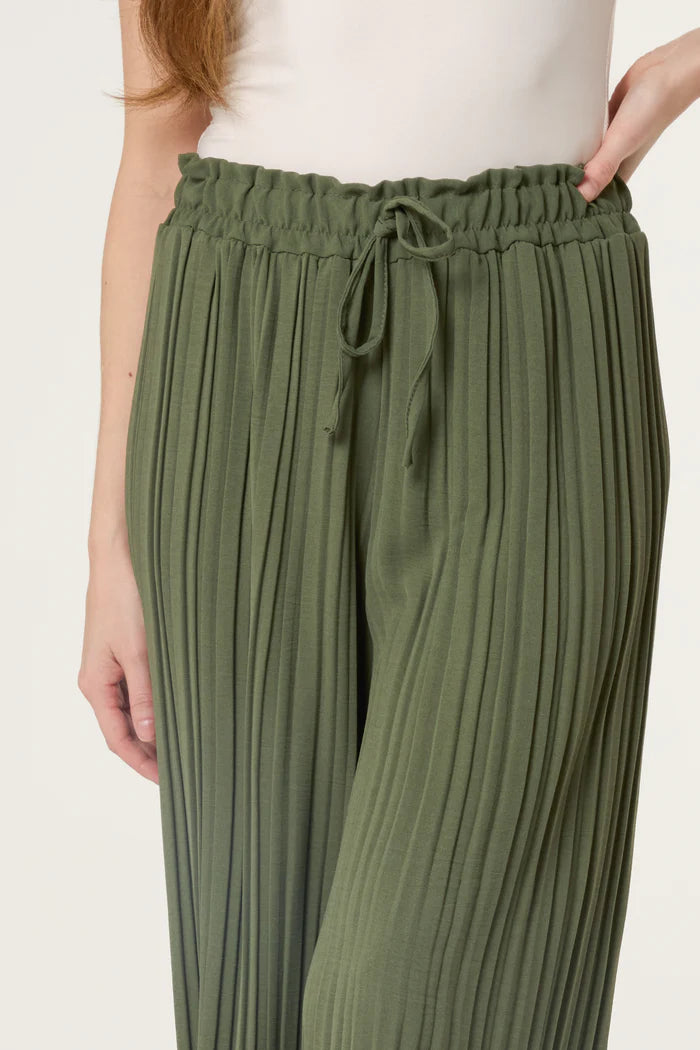 Wide Leg Plisse Drawstring Trousers in Khaki