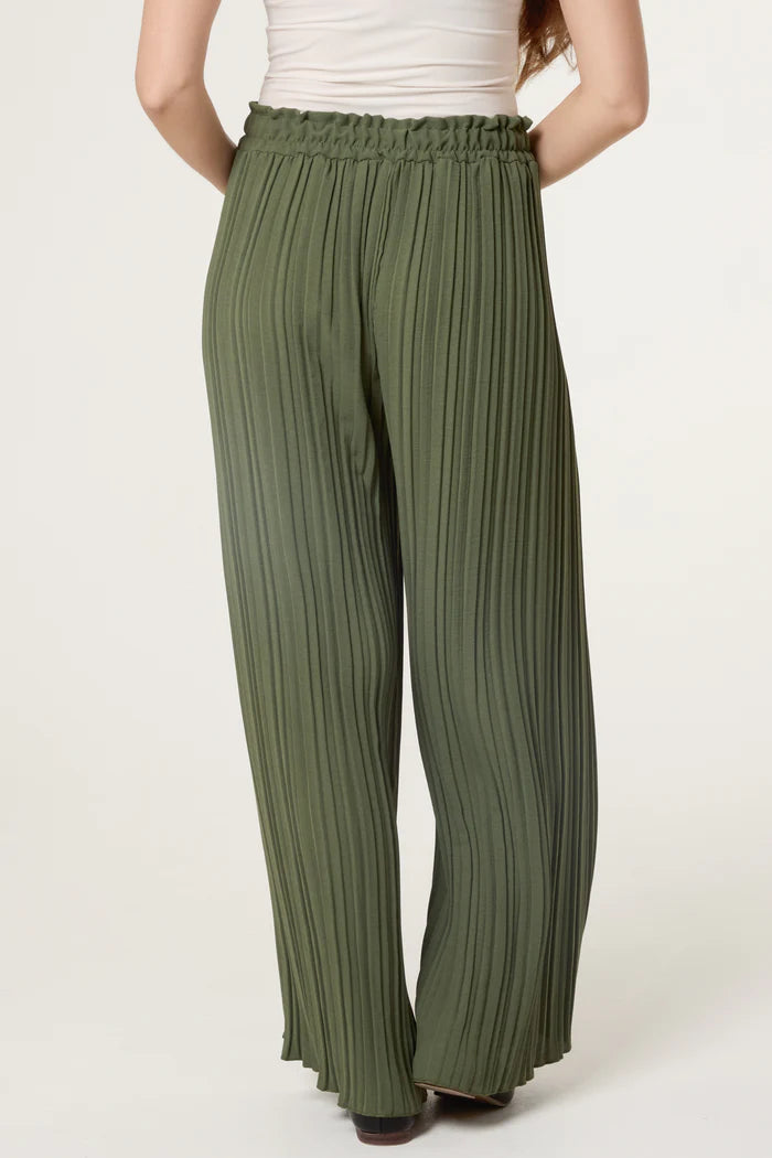 Wide Leg Plisse Drawstring Trousers in Khaki