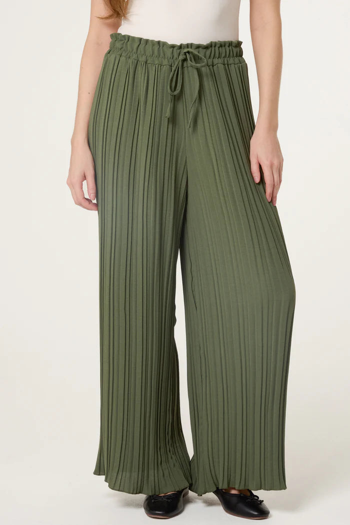 Wide Leg Plisse Drawstring Trousers in Khaki
