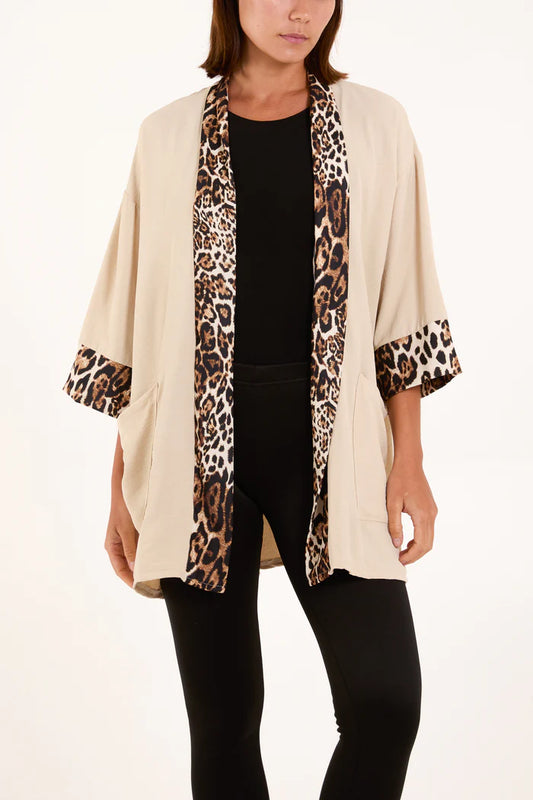 Leopard Print Trim Kimono Jacket in Beige
