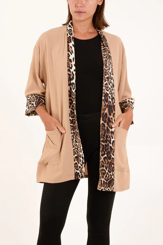 Leopard Print Trim Kimono Jacket in Camel