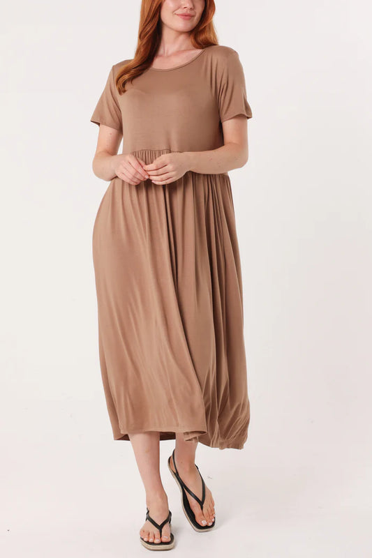 Round Neck Stretch Tiered Dress in Camel