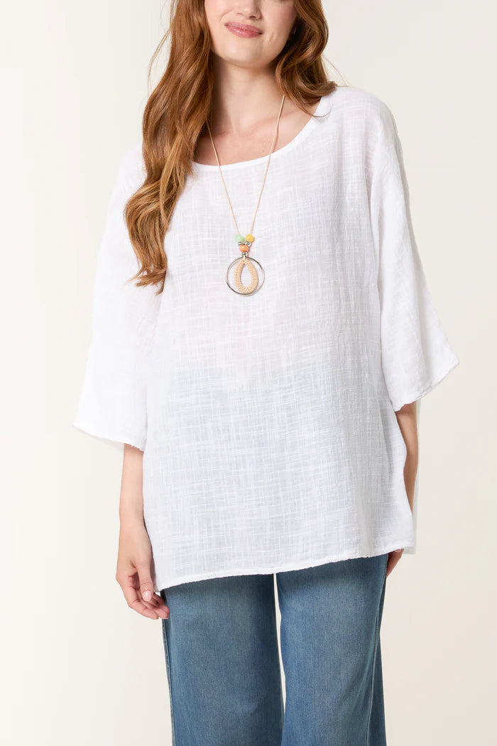 Pure Cotton Round Neck Top in White with Necklace