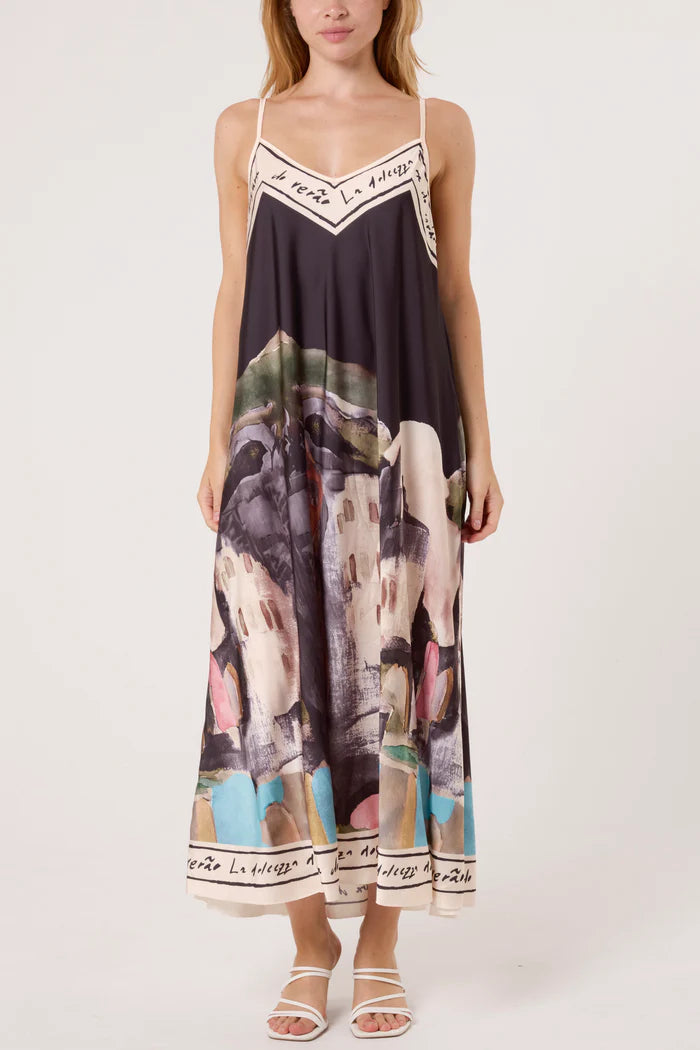 Cami Border Print Swing Dress in Black