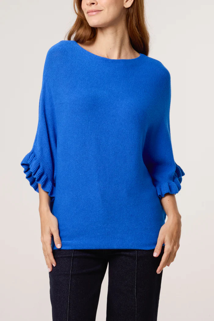 Ruffle Short Sleeve Knit Top in Royal Blue