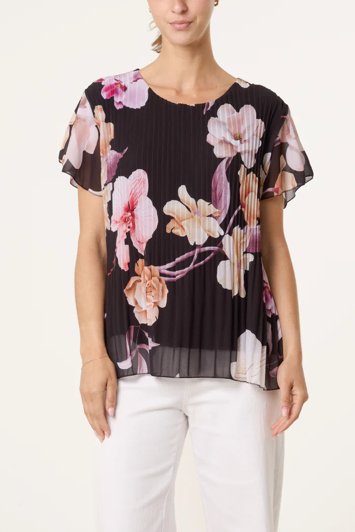 Floral Plisse Short Sleeve Blouse in Black