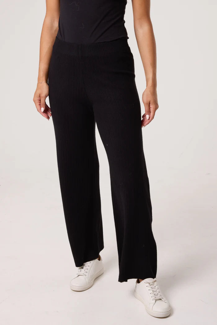 Ribbed Knit Wide Leg Trousers in Black