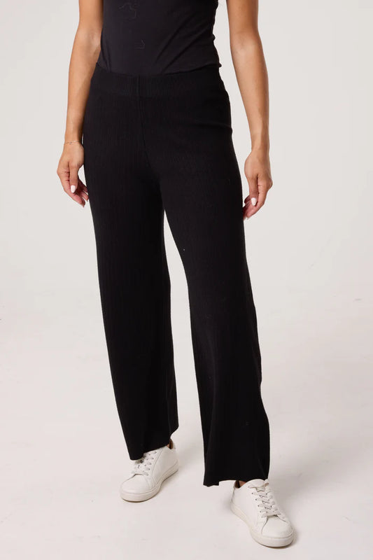 Ribbed Knit Wide Leg Trousers in Black