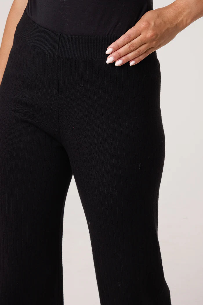 Ribbed Knit Wide Leg Trousers in Black