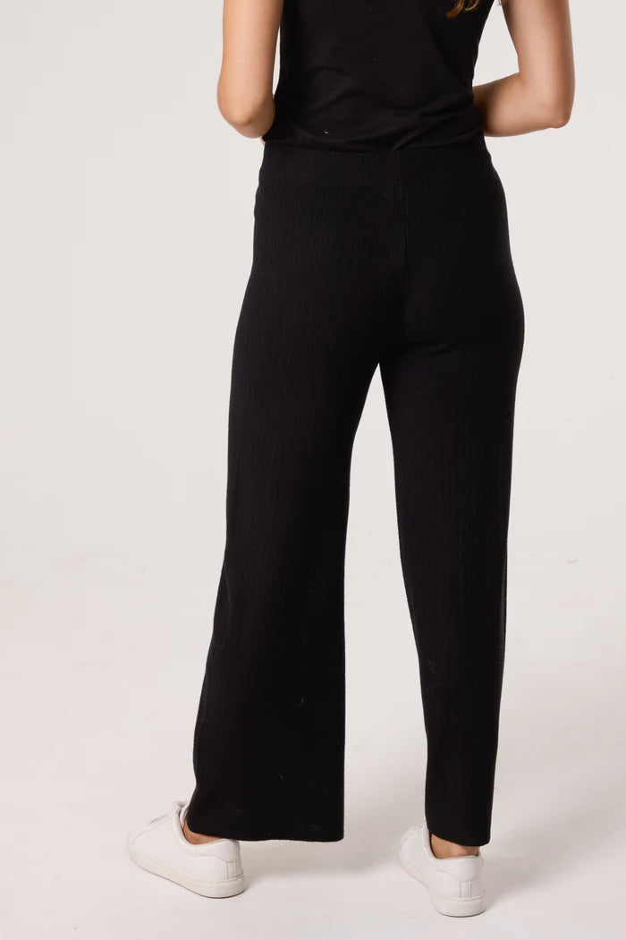 Ribbed Knit Wide Leg Trousers in Black