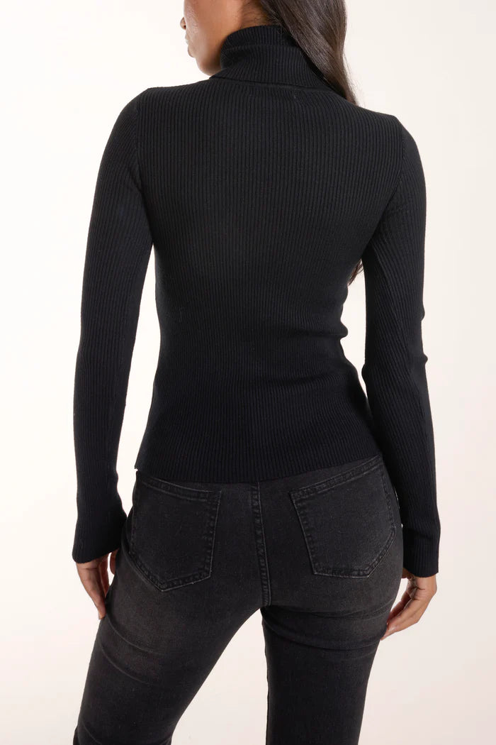 Roll Neck Ribbed Jumper in Black