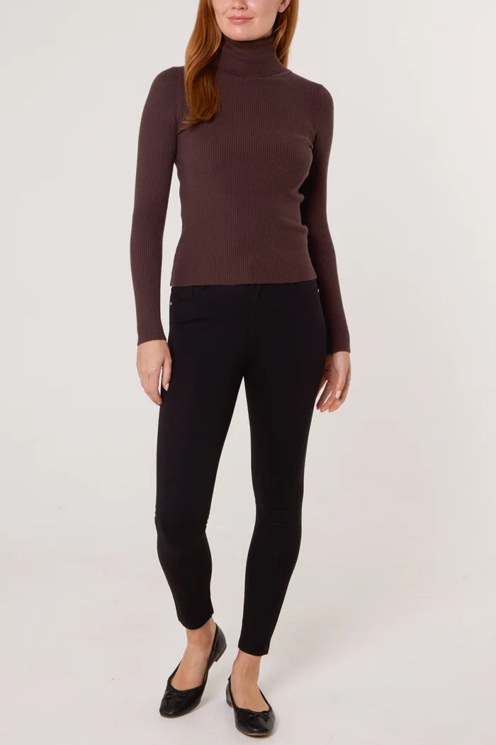 Roll Neck Ribbed Jumper in Chocolate