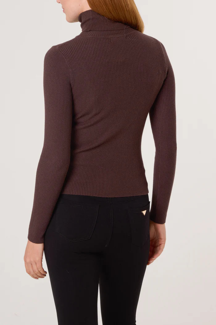 Roll Neck Ribbed Jumper in Chocolate