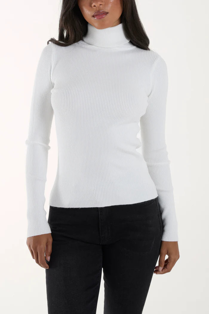 Roll Neck Ribbed Jumper in Ivory