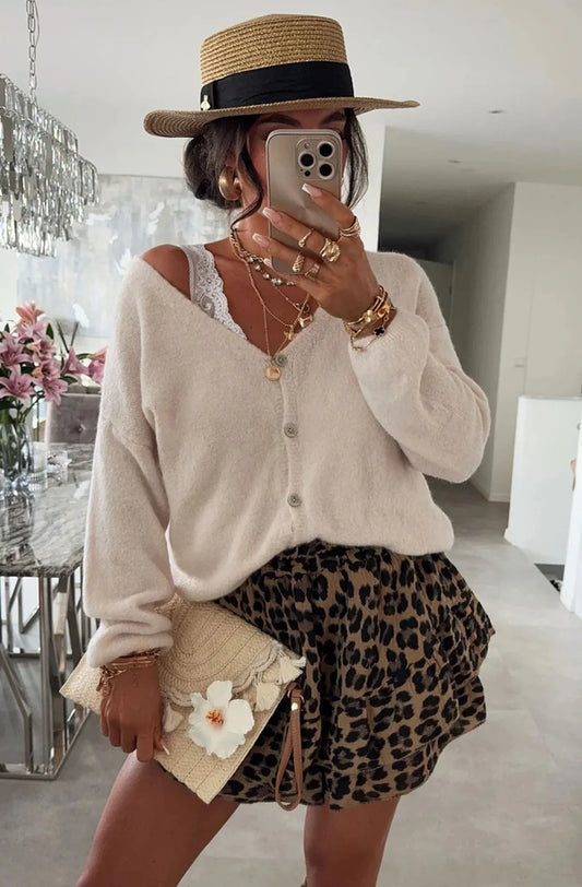 Long Sleeve Light Knitted Cardigan in Beige