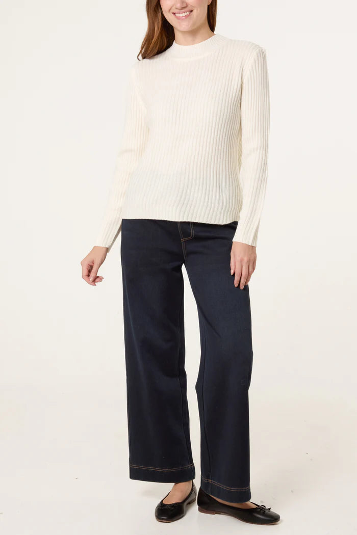 Ribbed High Neck Jumper in Cream