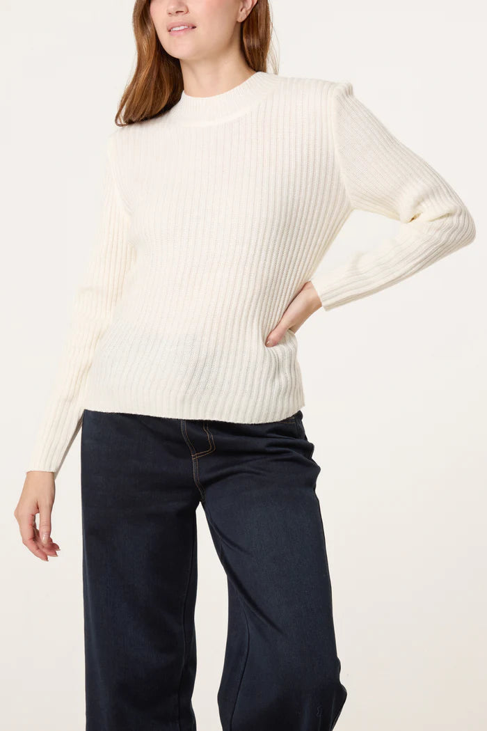 Ribbed High Neck Jumper in Cream
