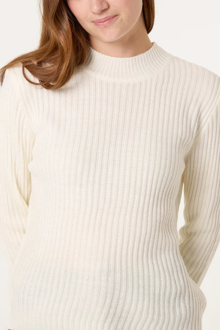Ribbed High Neck Jumper in Cream