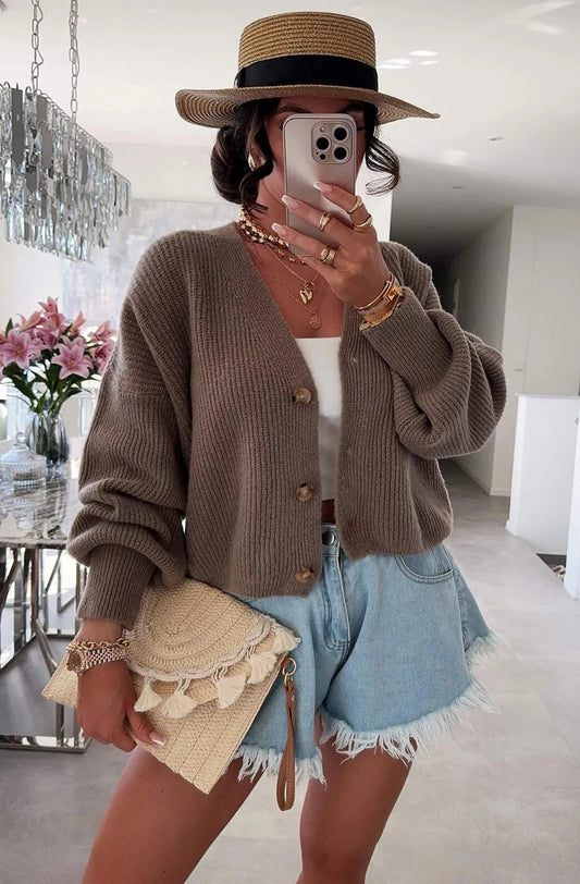 Melange Style Knitted Cardigan in Brown