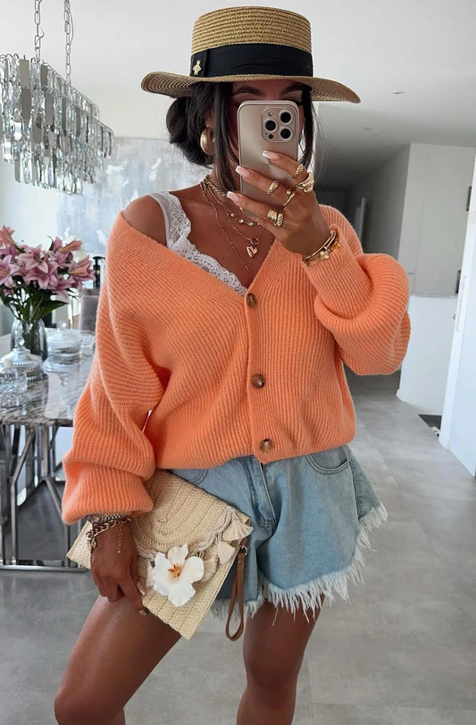 Melange Style Knitted Cardigan in Orange