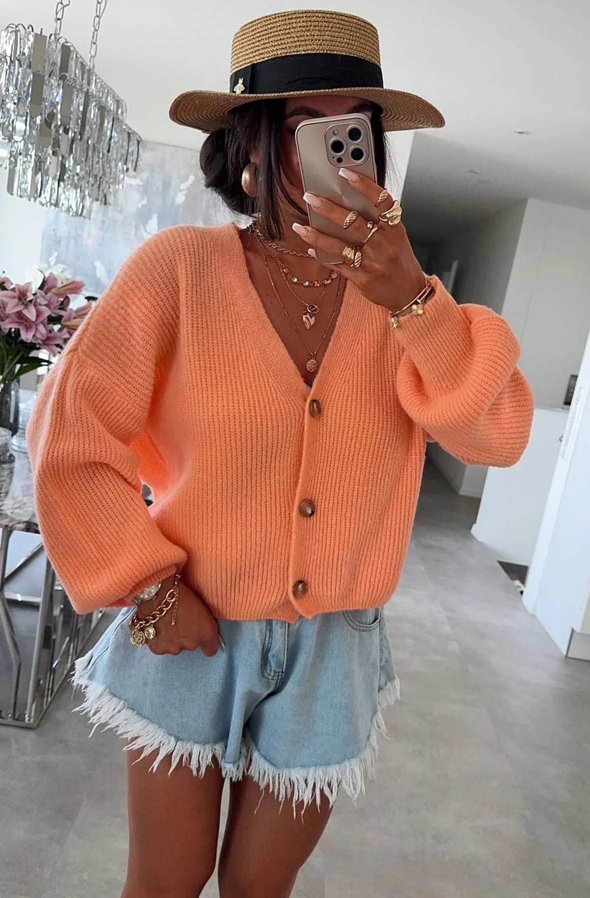 Melange Style Knitted Cardigan in Orange