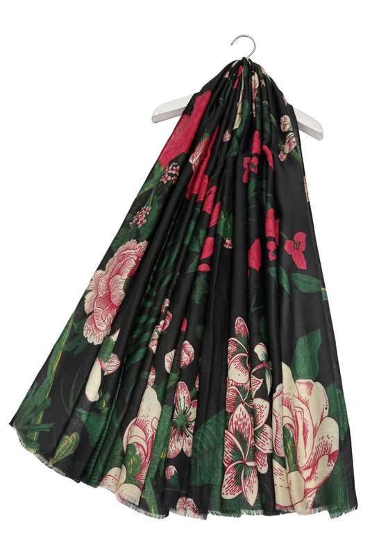 Bold Camellia Flower Print Frayed Scarf