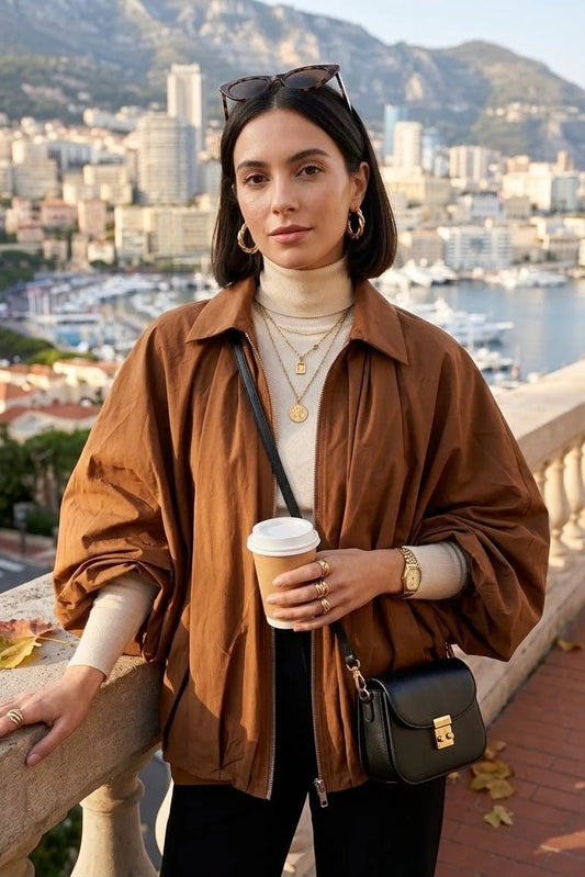 Oversized Gathered Detail Rain Jacket in Brown