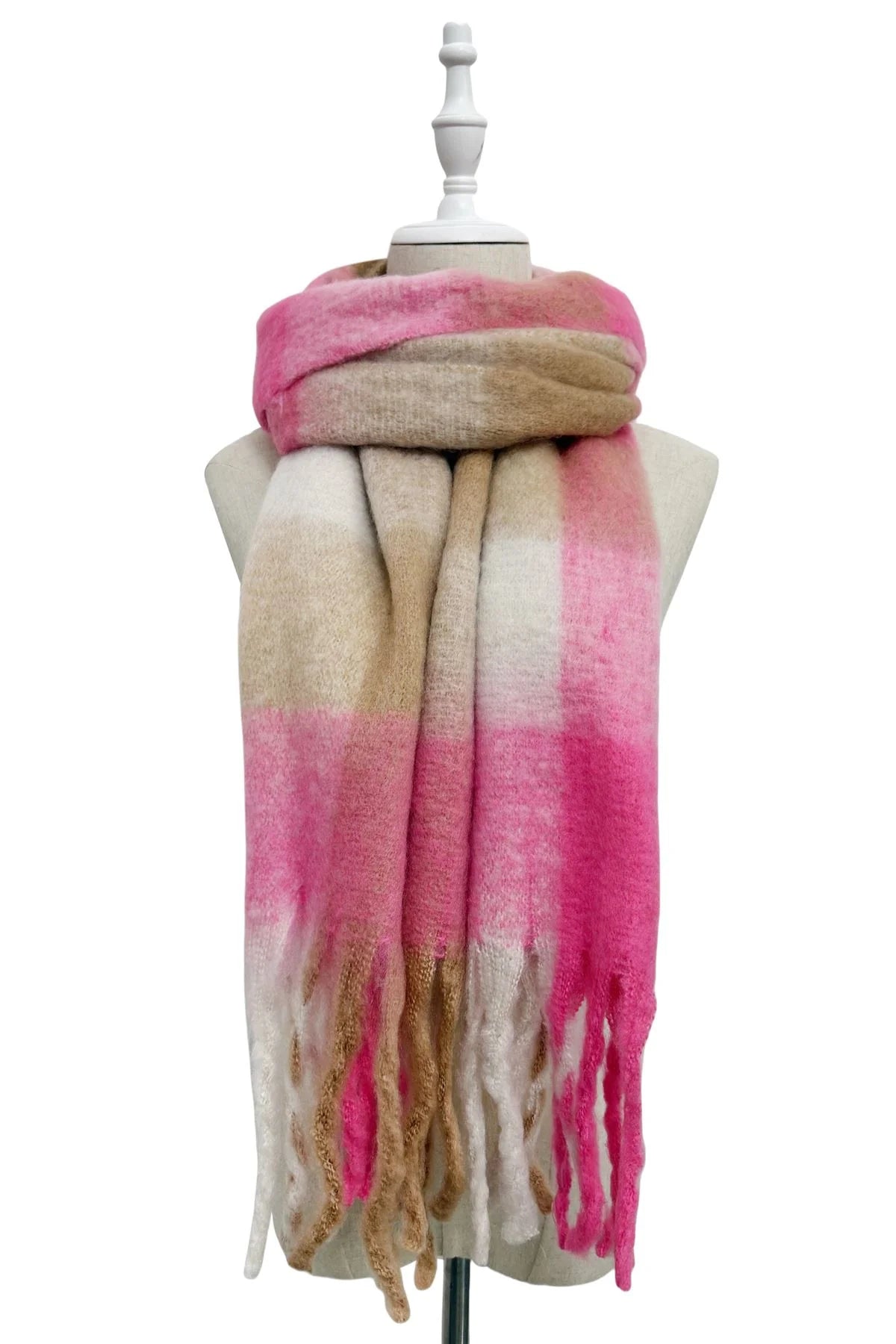 Multi Check Print Wool Tassel Scarf in Barbie Pink