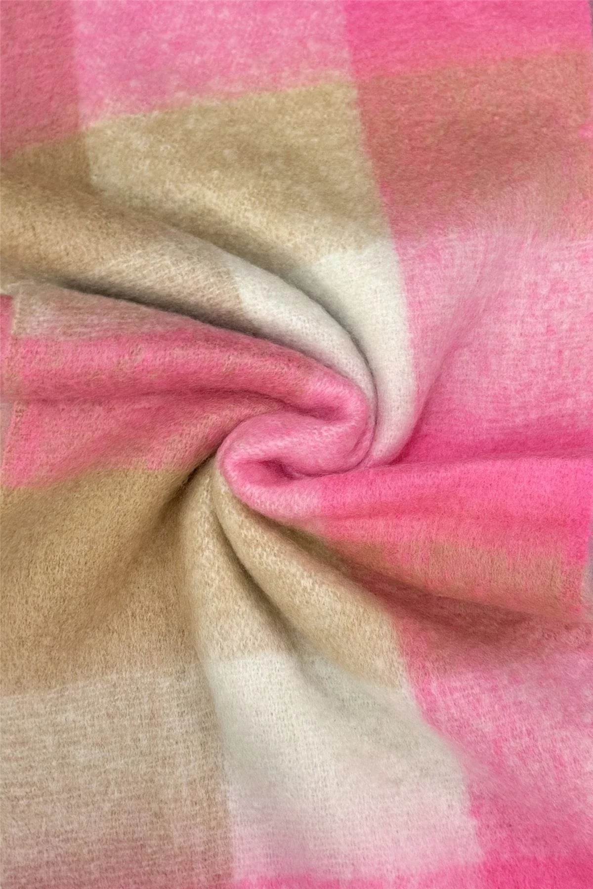 Multi Check Print Wool Tassel Scarf in Barbie Pink