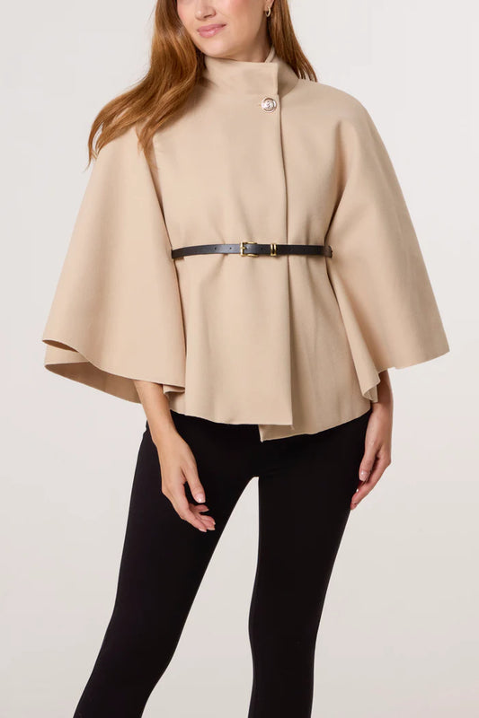 Gold Button Belted Cape in Beige