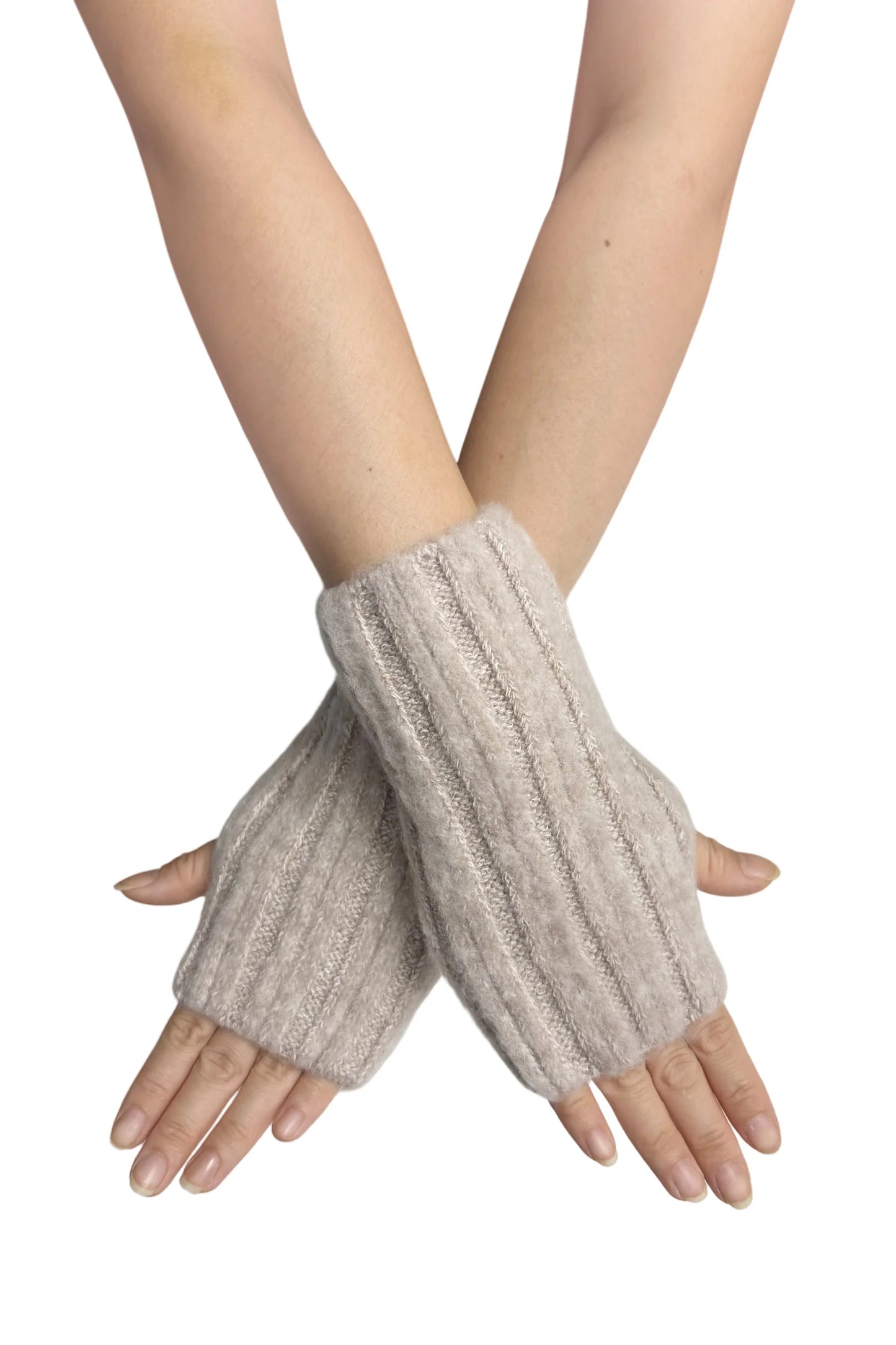 Cosy Plain Knitted Fingerless Gloves in Beige